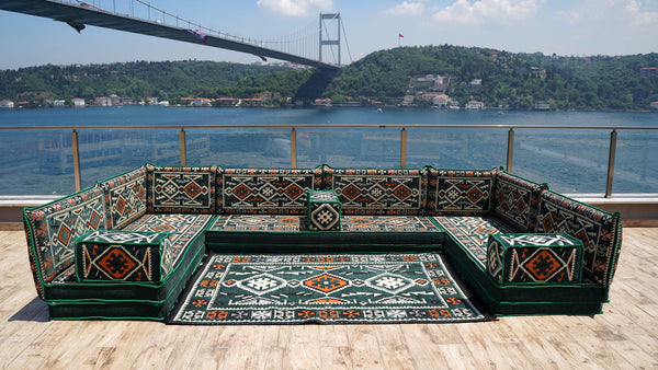 Green Anatolian Hearth pattern U-shaped Arabic floor sofa set, photo 12 of 12