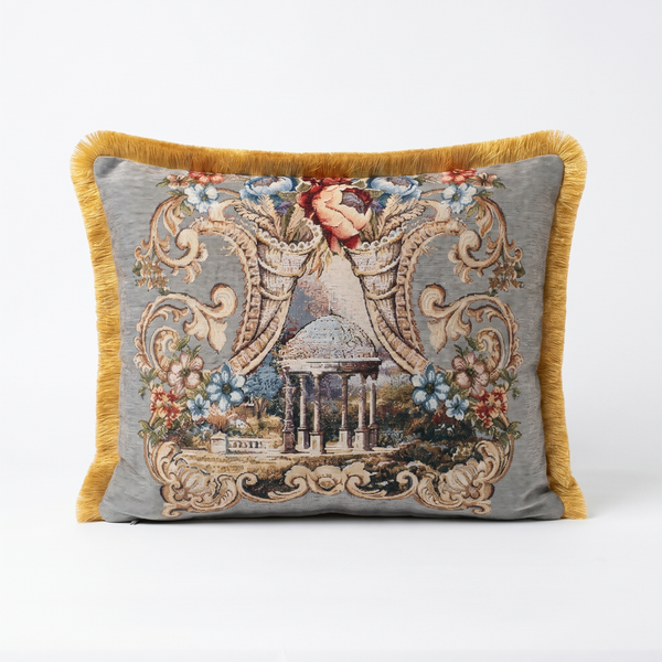 Blue Versailles Spring: Satin Jacquard Damask Pillow – Lumbar – Embroidered Trim