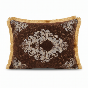 Walnut Veil: Tapestry Damask Lumbar Cushion – Embroidered Cover