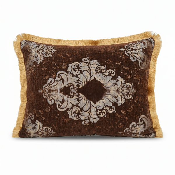 Walnut Veil: Tapestry Damask Lumbar Cushion – Embroidered Cover