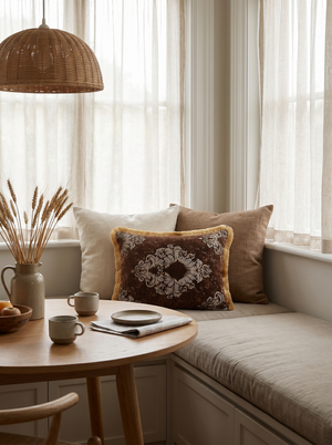Walnut Veil: Tapestry Damask Lumbar Cushion – Embroidered Cover