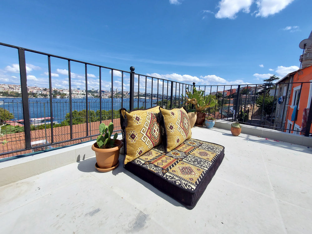 Black&Yellow Pallet Sofa, Floor Cushions, Loveseats, Small Sectional Sofa, Arabic Sofa Floor Seating Set,Meditation Sofa, Arabic Majlis, Kilim Rug Design - Arabic Sofa