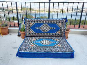 Royal Blue Pallet Sofa, Floor Cushions, Loveseats, Small Sectional Sofa, Arabic Sofa Floor Seating Set,Meditation Sofa, Arabic Majlis, Kilim Rug Design - Arabic Sofa