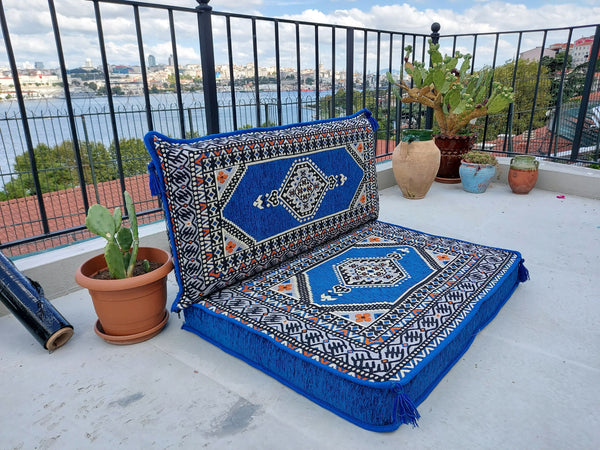 Royal Blue Pallet Sofa, Floor Cushions, Loveseats, Small Sectional Sofa, Arabic Sofa Floor Seating Set,Meditation Sofa, Arabic Majlis, Kilim Rug Design - Arabic Sofa
