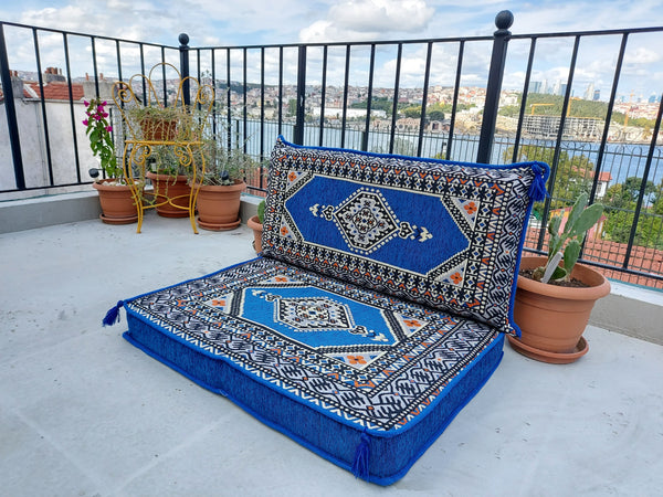 Royal Blue Pallet Sofa, Floor Cushions, Loveseats, Small Sectional Sofa, Arabic Sofa Floor Seating Set,Meditation Sofa, Arabic Majlis, Kilim Rug Design - Arabic Sofa