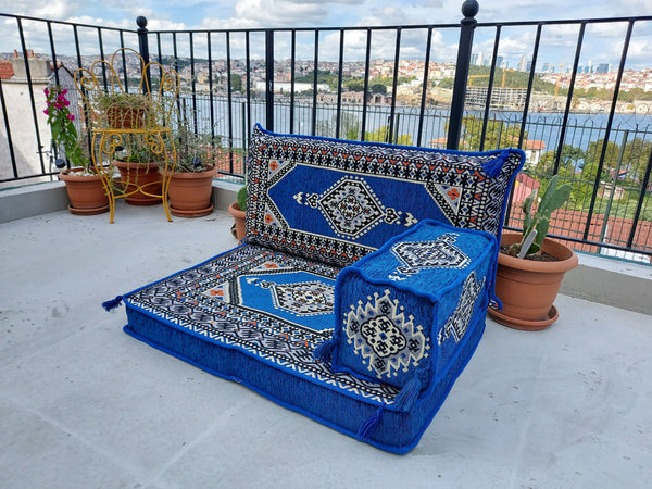 Royal Blue Pallet Sofa, Floor Cushions, Loveseats, Small Sectional Sofa, Arabic Sofa Floor Seating Set,Meditation Sofa, Arabic Majlis, Kilim Rug Design - Arabic Sofa