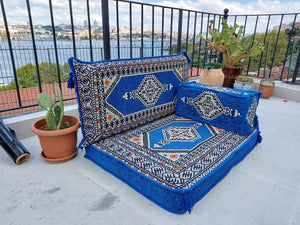 Royal Blue Pallet Sofa, Floor Cushions, Loveseats, Small Sectional Sofa, Arabic Sofa Floor Seating Set,Meditation Sofa, Arabic Majlis, Kilim Rug Design - Arabic Sofa