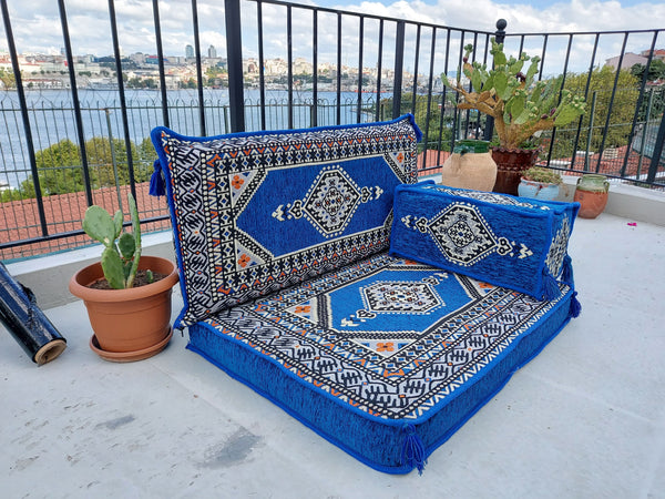 Royal Blue Pallet Sofa, Floor Cushions, Loveseats, Small Sectional Sofa, Arabic Sofa Floor Seating Set,Meditation Sofa, Arabic Majlis, Kilim Rug Design - Arabic Sofa