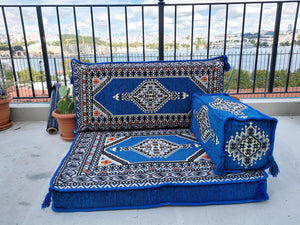 Royal Blue Pallet Sofa, Floor Cushions, Loveseats, Small Sectional Sofa, Arabic Sofa Floor Seating Set,Meditation Sofa, Arabic Majlis, Kilim Rug Design - Arabic Sofa