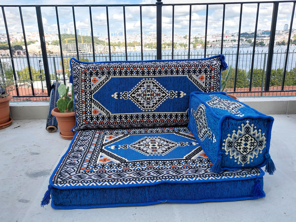 Royal Blue Pallet Sofa, Floor Cushions, Loveseats, Small Sectional Sofa, Arabic Sofa Floor Seating Set,Meditation Sofa, Arabic Majlis, Kilim Rug Design - Arabic Sofa
