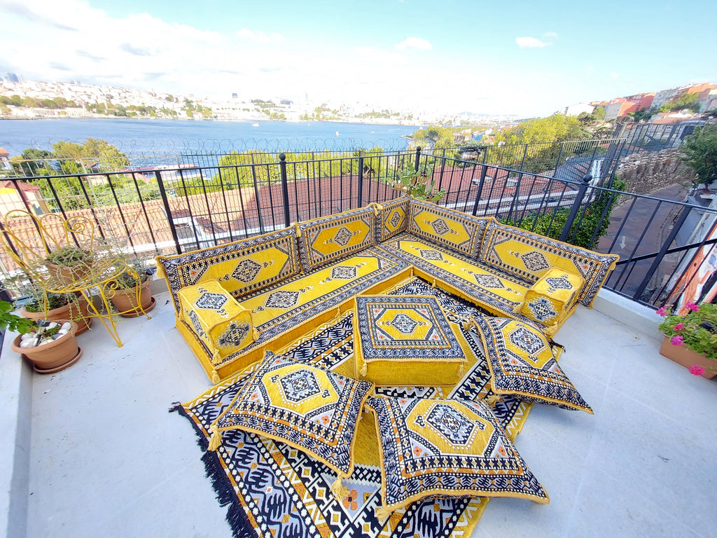 Floor Cushions, L Shaped Sectional Sofas, Mustard Yellow Arabic Sofa Set, Pallet Sofa, Arabic Majlis, Pouffs, Turkish Floor Seating Set - Arabic Sofa