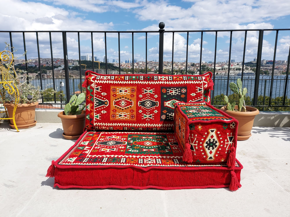 Milas Red Pallet Sofa, Floor Cushions, Loveseats, Small Sectional Sofa, Arabic Sofa Floor Seating Set,Meditation Sofa, Arabic Majlis, Kilim Rug Design - Arabic Sofa