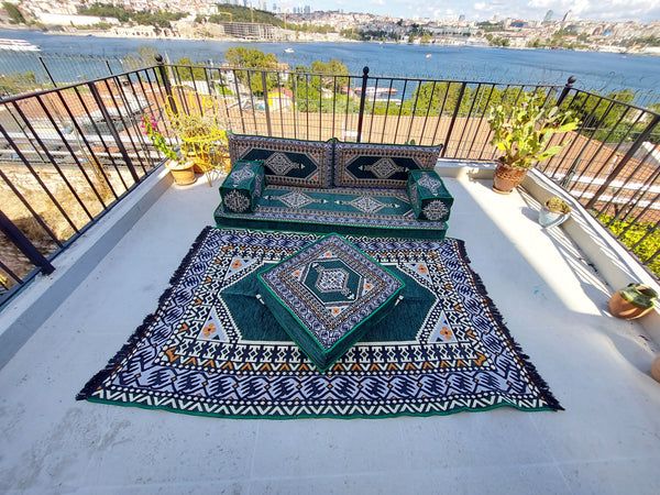 Green Turkish Floor Sofa Set, Floor Cushions, Traditional Floor Couches, French Mattress, Ottoman Couch and Rug, Ethnic Sofa, Arabic Majlis, Sectional Sofa - Arabic Sofa