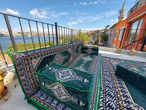 Green Turkish Floor Sofa Set, Floor Cushions, Traditional Floor Couches, French Mattress, Ottoman Couch and Rug, Ethnic Sofa, Arabic Majlis, Sectional Sofa - Arabic Sofa