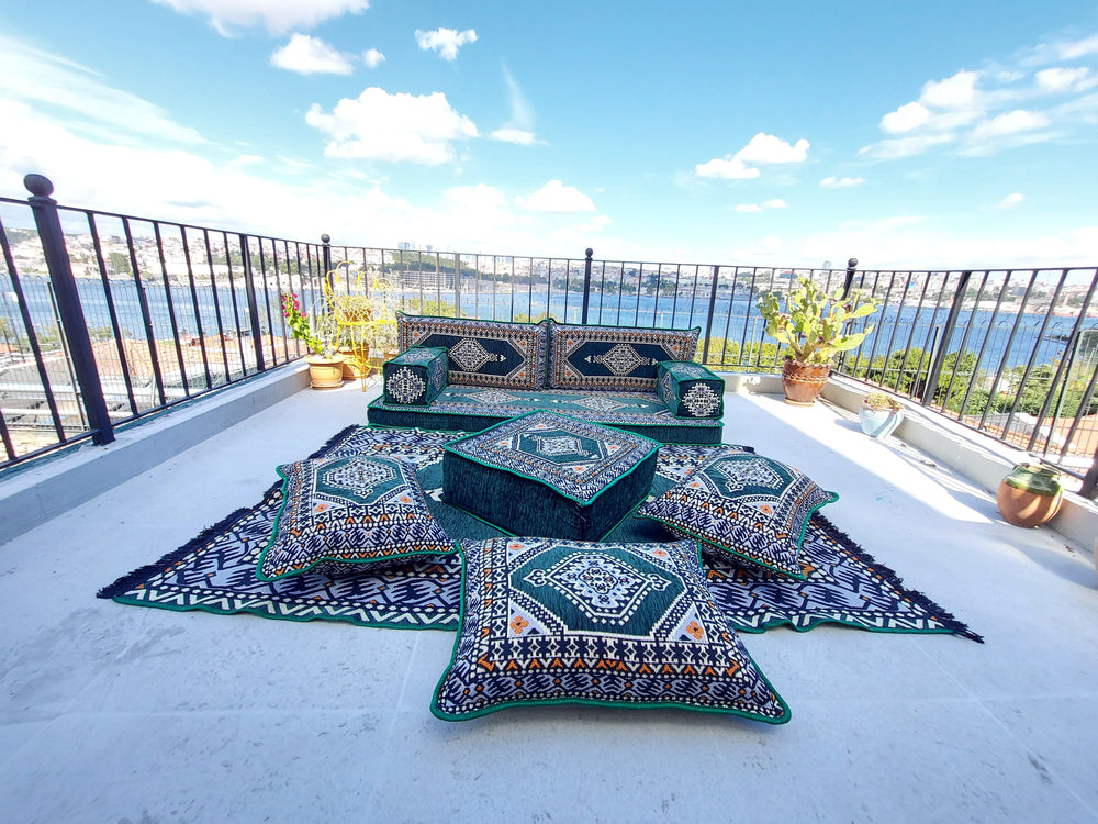 Green Turkish Floor Sofa Set, Floor Cushions, Traditional Floor Couches, French Mattress, Ottoman Couch and Rug, Ethnic Sofa, Arabic Majlis, Sectional Sofa - Arabic Sofa