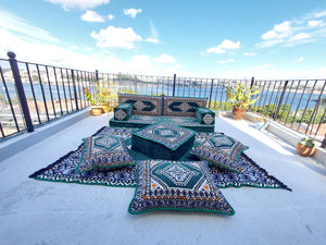 Green Turkish Floor Sofa Set, Floor Cushions, Traditional Floor Couches, French Mattress, Ottoman Couch and Rug, Ethnic Sofa, Arabic Majlis, Sectional Sofa - Arabic Sofa