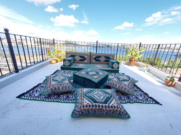 Green Turkish Floor Sofa Set, Floor Cushions, Traditional Floor Couches, French Mattress, Ottoman Couch and Rug, Ethnic Sofa, Arabic Majlis, Sectional Sofa - Arabic Sofa