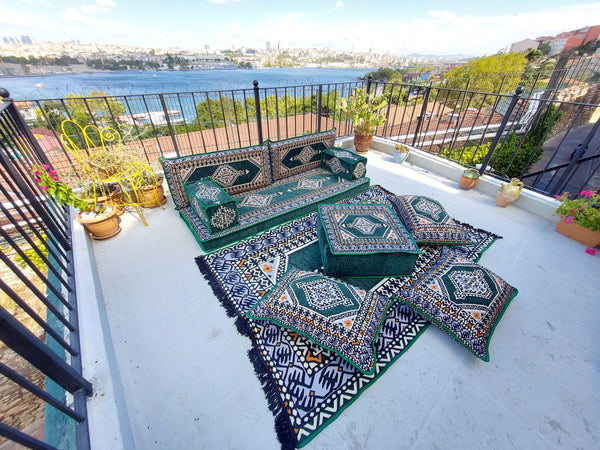 Green Turkish Floor Sofa Set, Floor Cushions, Traditional Floor Couches, French Mattress, Ottoman Couch and Rug, Ethnic Sofa, Arabic Majlis, Sectional Sofa - Arabic Sofa