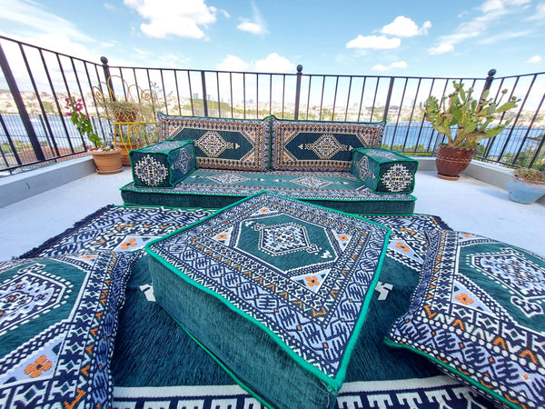 Green Turkish Floor Sofa Set, Floor Cushions, Traditional Floor Couches, French Mattress, Ottoman Couch and Rug, Ethnic Sofa, Arabic Majlis, Sectional Sofa - Arabic Sofa