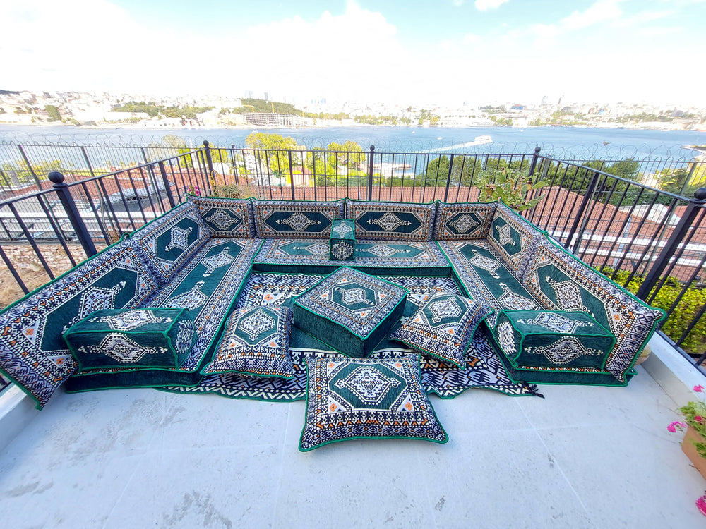 Floor Cushions, U Shaped Arabic Sofa Set, Green Sectional Pallet Sofas, Hookah Lounge Sofa, Arabic Majlis, Pouffs, Turkish Floor Seating Set - Arabic Sofa