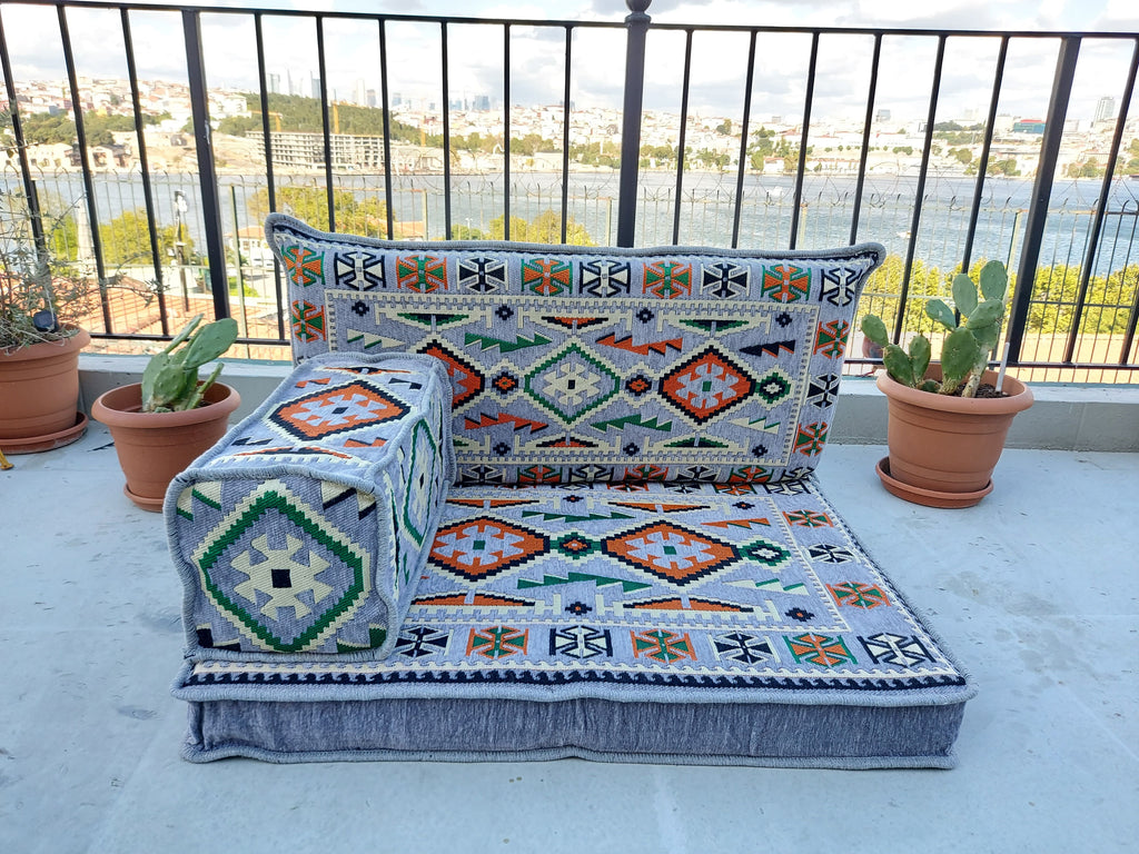 Gray Pallet Sofa, Floor Cushions, Loveseats, Small Sectional Sofa, Arabic Sofa Floor Seating Set,Meditation Sofa, Arabic Majlis, Kilim Rug Design - Arabic Sofa