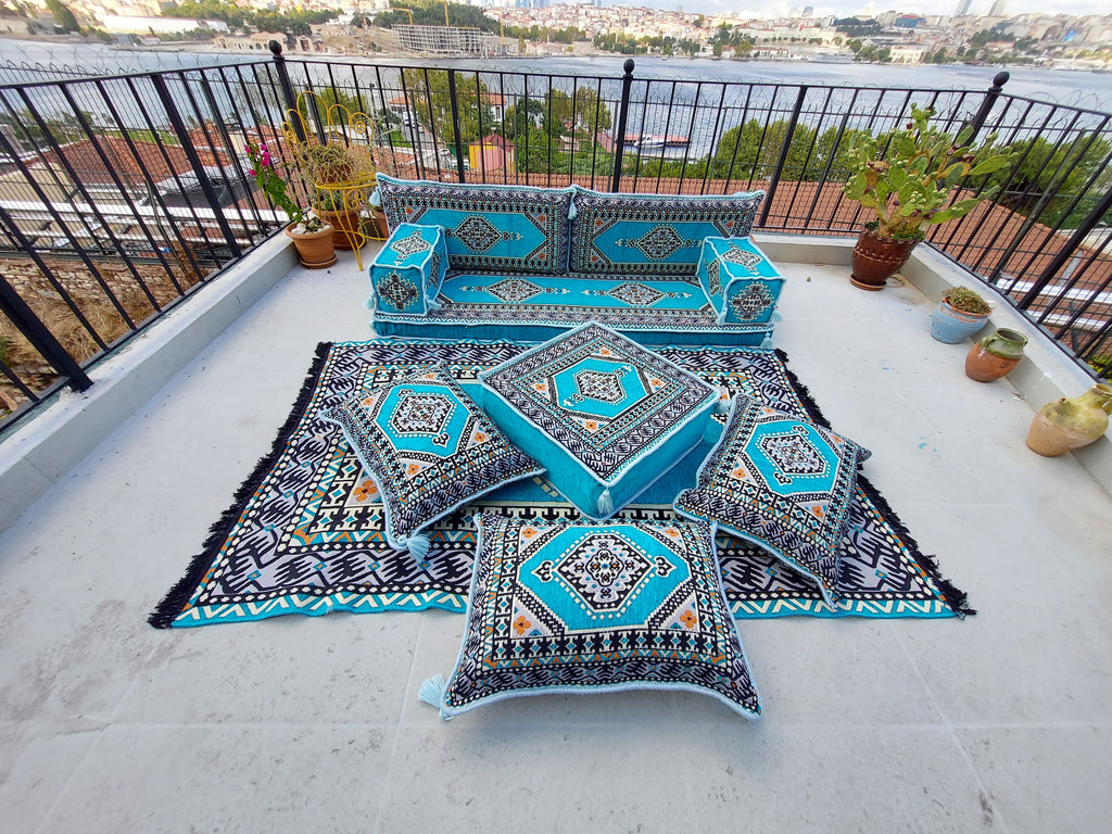 Light Blue Turkish Floor Sofa Set, Floor Cushions, Traditional Floor Couches, French Mattress, Ottoman Couch and Rug, Ethnic Sofa, Arabic Majlis, Sectional Sofa - Arabic Sofa