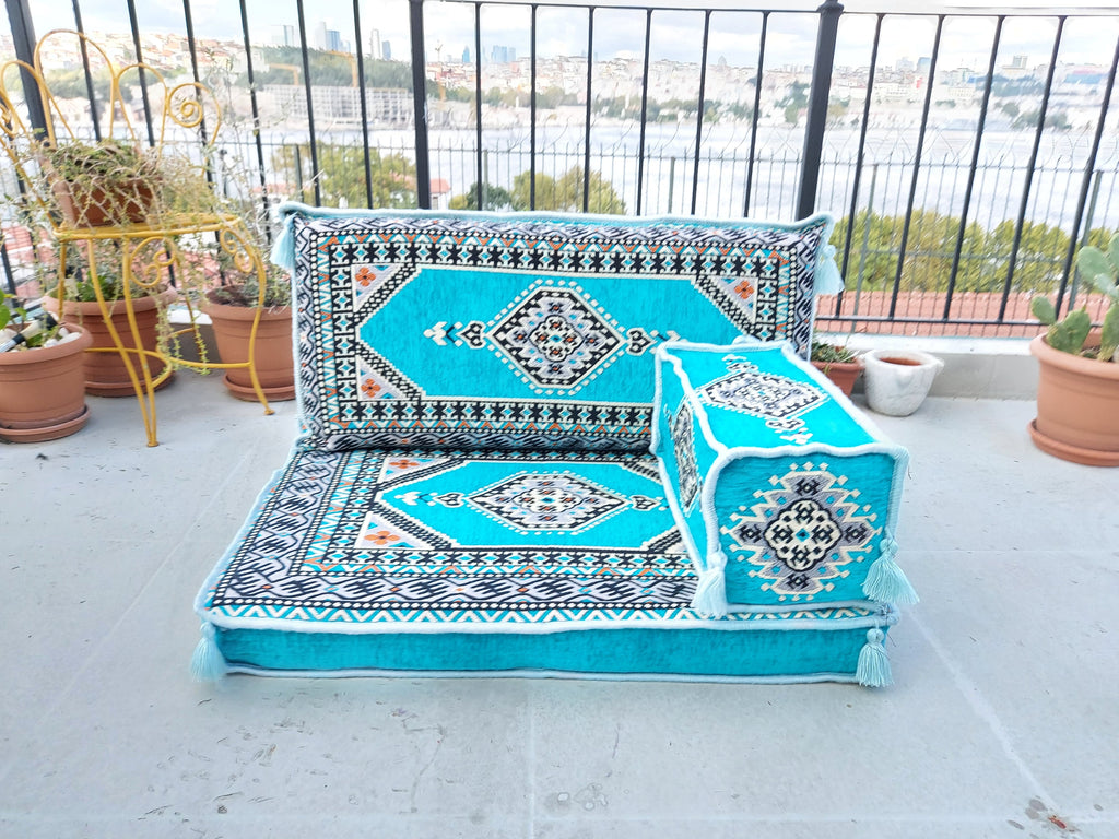 Light Blue Pallet Sofa, Floor Cushions, Loveseats, Small Sectional Sofa, Arabic Sofa Floor Seating Set,Meditation Sofa, Arabic Majlis, Kilim Rug Design - Arabic Sofa