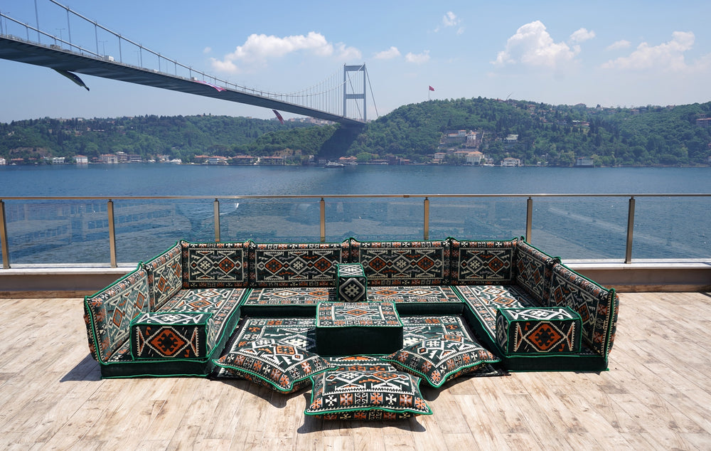 Green Floor Sofa Seating Set, Corner Floor Cushions, Arabic Majlis, U Shaped Arabic Sofa Set, Patio Furniture