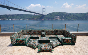 Green Floor Sofa Seating Set, Corner Floor Cushions, Arabic Majlis, U Shaped Arabic Sofa Set, Patio Furniture