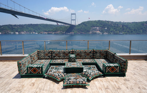 Green Floor Sofa Seating Set, Corner Floor Cushions, Arabic Majlis, U Shaped Arabic Sofa Set, Patio Furniture