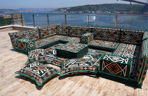 Green Floor Sofa Seating Set, Corner Floor Cushions, Arabic Majlis, U Shaped Arabic Sofa Set, Patio Furniture