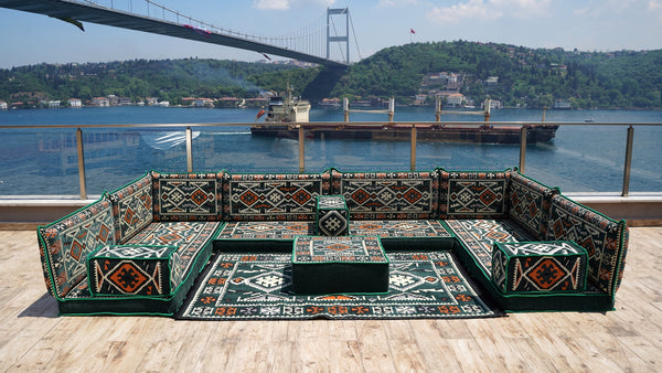 Green Floor Sofa Seating Set, Corner Floor Cushions, Arabic Majlis, U Shaped Arabic Sofa Set, Patio Furniture