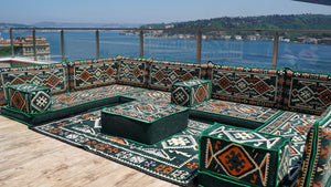 Green Floor Sofa Seating Set, Corner Floor Cushions, Arabic Majlis, U Shaped Arabic Sofa Set, Patio Furniture