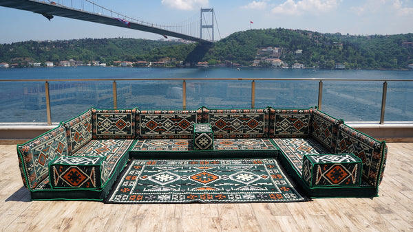 Green Floor Sofa Seating Set, Corner Floor Cushions, Arabic Majlis, U Shaped Arabic Sofa Set, Patio Furniture