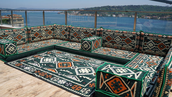 Green Floor Sofa Seating Set, Corner Floor Cushions, Arabic Majlis, U Shaped Arabic Sofa Set, Patio Furniture