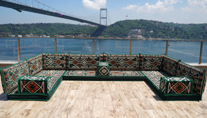 Green Floor Sofa Seating Set, Corner Floor Cushions, Arabic Majlis, U Shaped Arabic Sofa Set, Patio Furniture