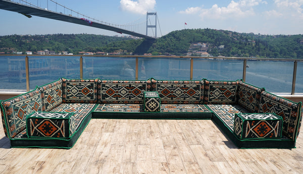 Green Floor Sofa Seating Set, Corner Floor Cushions, Arabic Majlis, U Shaped Arabic Sofa Set, Patio Furniture