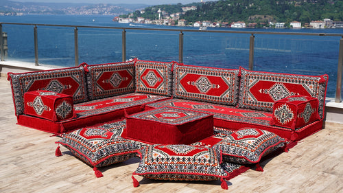 Red Color Floor Cushions, L Shaped Arabic Seating Sofas, Balcony Terrace Sofas, Washable Cushion Covers