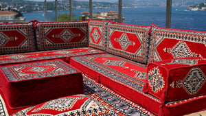 Red Color Floor Cushions, L Shaped Arabic Seating Sofas, Balcony Terrace Sofas, Washable Cushion Covers