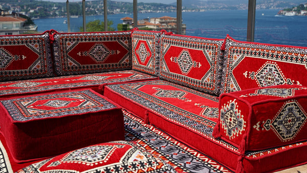 Red Color Floor Cushions, L Shaped Arabic Seating Sofas, Balcony Terrace Sofas, Washable Cushion Covers