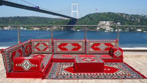 Red Color Floor Cushions, L Shaped Arabic Seating Sofas, Balcony Terrace Sofas, Washable Cushion Covers