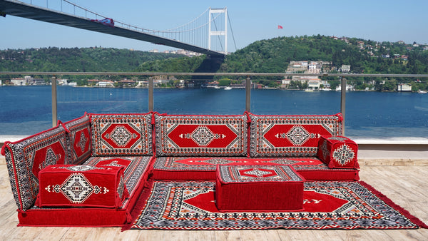 Red Color Floor Cushions, L Shaped Arabic Seating Sofas, Balcony Terrace Sofas, Washable Cushion Covers