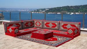 Red Color Floor Cushions, L Shaped Arabic Seating Sofas, Balcony Terrace Sofas, Washable Cushion Covers
