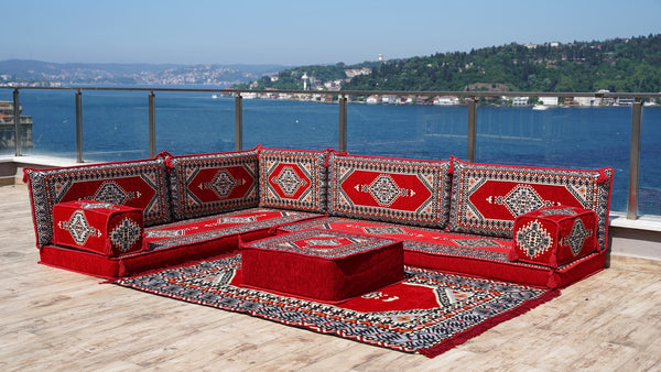 Red Color Floor Cushions, L Shaped Arabic Seating Sofas, Balcony Terrace Sofas, Washable Cushion Covers
