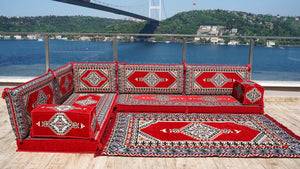 Red Color Floor Cushions, L Shaped Arabic Seating Sofas, Balcony Terrace Sofas, Washable Cushion Covers