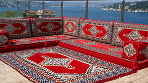 Red Color Floor Cushions, L Shaped Arabic Seating Sofas, Balcony Terrace Sofas, Washable Cushion Covers
