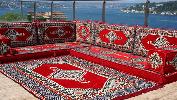 Red Color Floor Cushions, L Shaped Arabic Seating Sofas, Balcony Terrace Sofas, Washable Cushion Covers