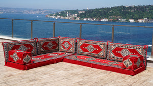 Red Color Floor Cushions, L Shaped Arabic Seating Sofas, Balcony Terrace Sofas, Washable Cushion Covers