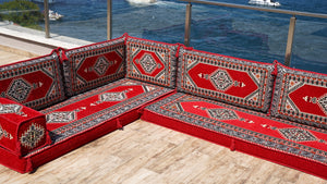 Red Color Floor Cushions, L Shaped Arabic Seating Sofas, Balcony Terrace Sofas, Washable Cushion Covers