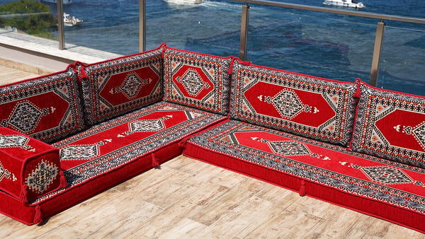 Red Color Floor Cushions, L Shaped Arabic Seating Sofas, Balcony Terrace Sofas, Washable Cushion Covers